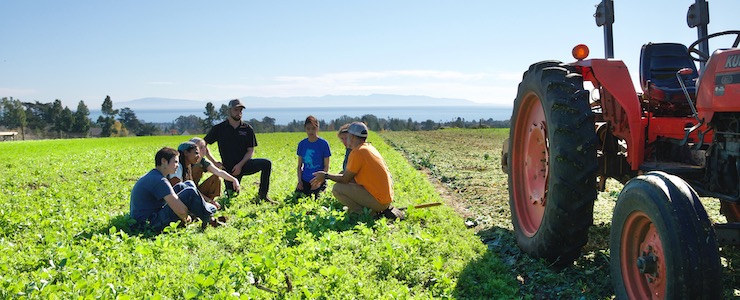 Center for Agroecology instructor with students at the UCSC Farm